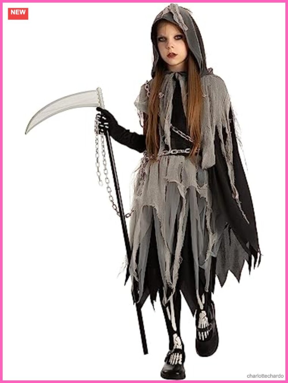 Girls Grim Reaper Halloween Costume Glow in the Dark Dress Cape Tights